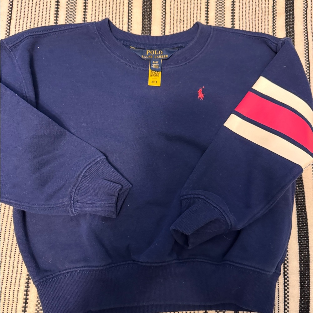 Polo by Ralph Lauren Navy Crewneck with Pink & White Sleeve Stripes